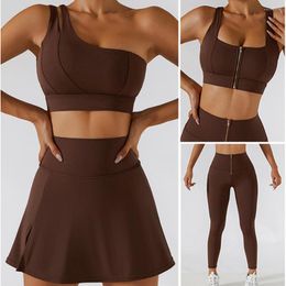 Active Sets Women 2PC Yoga Set Female Gym Sport Wear Workout Suits High Waist Leggings Skirts Front Zipper Bra Fitness Crop Top Sportswear