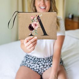 Letter Font A B C D Clutch Makeup Bags Combination Linen Wristlet Cosmetic Bag Clutch Bag Flower Holiday Travel Organizer Case