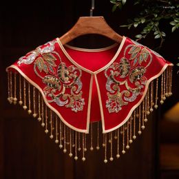 Scarves Women's Spring Autumn Vintage Beaded Embrodiery Red Tassel Pashmina Female Winter Shawl Cloak Collar R722