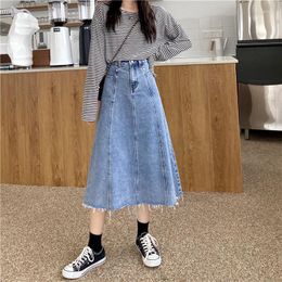 Skirts 2023 Arrival Summer Korean Style Women Loose Casual High Waist A-line Skirt Cotton Denim Patchwork Mid-calf D122