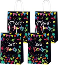 Neon Party Gift Bags Paper Glow in Dark Birthday Candy Goodies Treats Favor Bag Mini Tote with Handles Kraft Paper