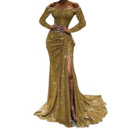 Girls Sexy Boat Neck Off Shoulder Sequined Evening Gowns Side Split Mermaid Dress Long