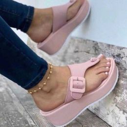 Slippers Belt Buckle Flip Flops Casual Clip Toe Slippers Solid Colour Platform Sandals Large Size Beach Walking Shoes Zapatos Mujer L230725