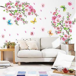 Wall Stickers 3d Pink Removable Peach Plum Cherry Blossom Flower Butterfly Art Decal Home Sticker Room Decor