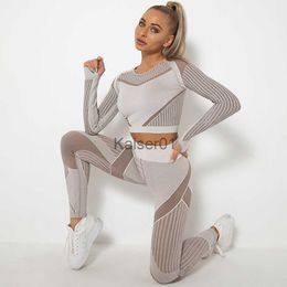 Yoga Outfits Seamless fitness yoga suit women's track suit 2023 long sleeve top class gym suit women's Sportswear Push-up activity suit mesh Khaki x0724