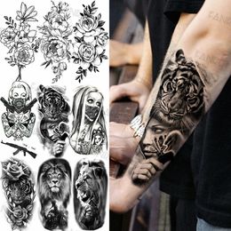 Black Gun Tattoos Sticker For Men Women Arm Art Temporary Tattoos Realistic Fake Flower Lion Tiger Tatoos Decal Cool Warrior DIY