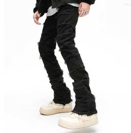 New Men's Jeans Mens Retro Patchwork Flared Pants Grunge Wild Stacked Ripped Long Trousers Straight Y2k Baggy Washed Faded For Men