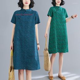 Ethnic Clothing 2023 Chinese Vintage Dress Qipao National Flower Print Improved Retro Cotton Linen Cheongsam Oriental Folk Style