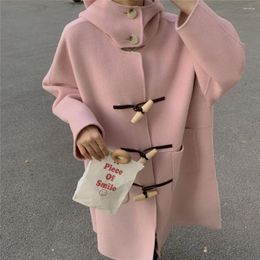 Women's Jackets Chic French Retro Horn Buckle Small Number Of Pink Collar Thick Warm Long Woolen Coat