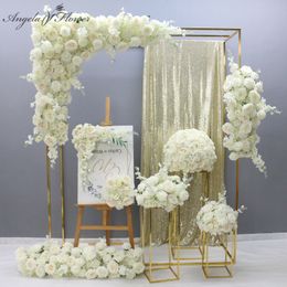 Dried Flowers Luxury White Rose Artificial Flower Row Arrangement Wedding Scene Decor Backdrop Wall Hanging Curtain Floral Table Ball 230725