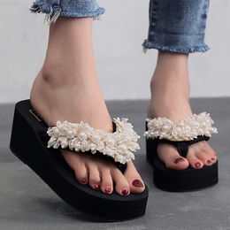 Slippers Fashion Pearl Women Flip Flops Beach Platform Slippers Casual Outside Wedges Sandals Summer Women Shoes Leisure Slippers hh366 L230725