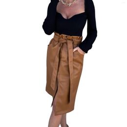 Skirts Women Clothing PU Leather Hip Wrapped Skirt Pocket Elastic Buttoned High Waist Side Split With Belt