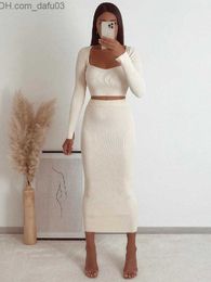 Two Piece Dress Two Piece Dress Autumn Winter Sweater Set Women Fashion Long Sleeve Crop Top and Maxi Skirt Outfits White Knit Sets 221010 Z230725