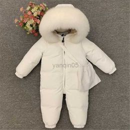 Down Coat Baby Girls Winter Down Rompers Big Real Fur Toddler Thicken Warm Jumpsuit Inner Velvet Boys Snow Jacket Coat Newborn Snowsuit HKD230725