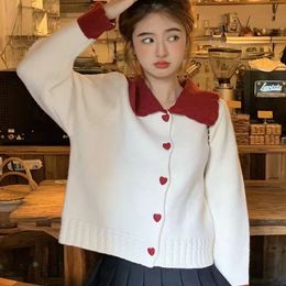 Women's Knits Tees Cardigan Women Patchwork Peter Pan Collar Heart Design Lovely College Casual Young Cosy Stylish Fashion Retro Japanese Ulzzang 230725