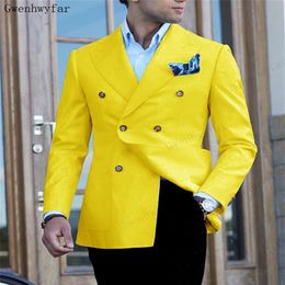 Bridalaffair Jackets Pants Double Breasted Suit Yellow Groom Wedding Suits Men Dress Suit Dinner Party Prom Suit Formal Busine249j