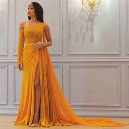 Sexy One shoulder Yellow Evening Dresses Sexy Sheath Long Sleeves Saudi Arabic Dubai Chiffon Long Prom Gown Plus Size Party Dress263e