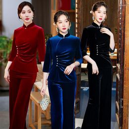 Ethnic Clothing Stand Collar Long Sleeve Qipao Solid Color Velvet Chinese Traditional Dresses Women Classic Style Pleated Big Size