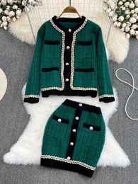 Two Piece Dress Two Piece Dress Autumn Winter Faux Mink Sweater Set Cardigan Skirts Pieces Korean Fashion Thicken Cashmere Women Skirt s 221010 Z230725