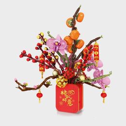 Blocks 908PCS Persimmon Orchid Bonsai Flower Plant Pot Building Block MOC Bouquet Bricks Toy For Children Home Decoration Gifts 230724