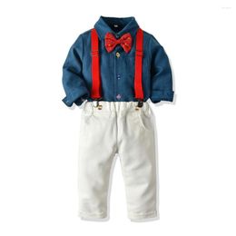 Clothing Sets Tem Doger 2023 Autumn High Quality Child Kid Gentleman Suit Solid Long Sleeve Bowtie Shirt Suspenders Trousers 2Pcs Clothes