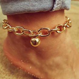 Simple Anklet Bracelets Round Ball Foot Jewellery for Women Gold Colour Cuban Link Chain Chunky Anklets Sandles Gothic Accessories 230719