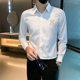 Men's Casual Shirts Black/White Spring Letter Embroidery Slim Fit For Men Clothing 2023 Prom Tuxedo Long Sleeve Blouse Homme 4XL-M