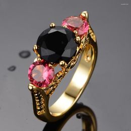 Wedding Rings Luxury Female Black Red Crystal Ring Cute Gold Colour Thin For Women Vintage Bride Round Zircon Engagement