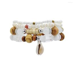 Link Bracelets Vintage Shell Wooden Bead Bracelet Female White Colorful Multi-Layer Bohemian Jewelry Travel Street