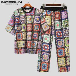 Men s Tracksuits 2023 Men Sets Printing Lace Transparent Oversize O neck Half Sleeve T Shirt Pants 2PCS Sexy Fashion Casual Suits INCERUN 230724