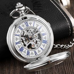 Pocket Watches Vintage Silver Delicate Engraved Case Steampunk Hand Wind Mechanical Pocket Watch Necklace With Chain Skeleton For Men Women 230724