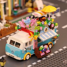 Action Toy Figures 2023 Creative Street View Flower Cat Car Store Building Blocks Mini Bricks Diy Outing Bus Model Gifts Toys For Kids Friends 230724