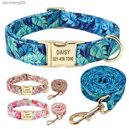 Personalised Floral Dog Collar and Leash Set Custom Small Medium Large Dog Pet ID Collar Lead Flower Print Dog Engraved Collars L230620