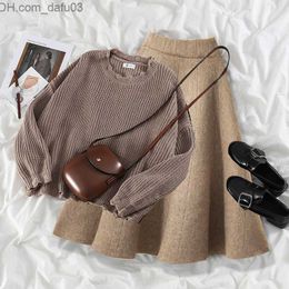 Two Piece Dress Two Piece Dress Autumn Winter Suits Plus Size Women Knit Sweater Plaid Skirt Sets Fashion Dresses Long sleeves Skirts Z230726