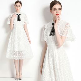 Girl Boutique Short Sleeve Lace Hollow Dress 2023 Summer Autumn Dresses High-end Noble Lady Lace Dress Runway Party Bow Lace Dresses