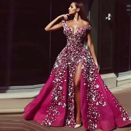 Tony Chaaya 2022 Split Evening Dresses With Detachable Train Pink Beads Mermaid Appliqued Prom Gowns Lace Luxury Party Dress robes271h