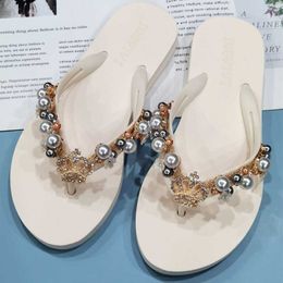 Slippers Summer Women Flip Flops Beach Vacation Slippers Pearls Sides Sandals 1.5 CM Flat With Soft Casual Shoes For Female L230725