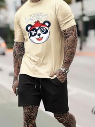 Men's Tracksuits 2023 Eyepatch Pirate Panda Print Mens Casual 2 Piece Outfit Sets Tshirt Tops Drawstring Lounge Shorts Loungewear Tracksuit 230724