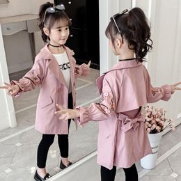 Jackets 2023 Girl Fashion Trench Coat Jacket Embroidered Flower Belt Long Spring Autumn Girls Kids Outfits Clothes