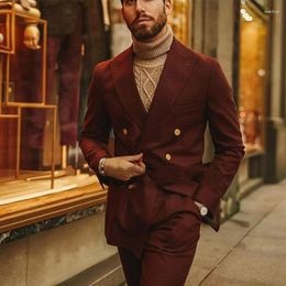 Men's Suits Men For Wedding 2 Piece Jacket With Pants Slim Fitted Elegant Business Office Blazers Of Handsome Wine Red Double-Breasted