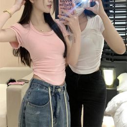 Women's T Shirts Gaodinglan Pure Cotton Solid Colour Women T-shirts Short Sleeve Slim Fit Sexy Tight Tops Korean Halter Neck Backless Tees