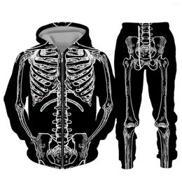 Men's Tracksuits Halloween Skull Print Hoodie Sweatshirt Lace Up Trousers Two Piece Set Long-Sleeve Tunic With Pocket Male Leisure Scary