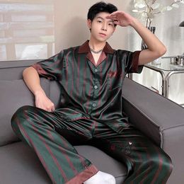 Men's Sleepwear Silk Men Large Size Pyjamas Short Sleeve Home Clothes Satin Trousers Stripe Daddy Pyjama Set Big 4XL 7XL