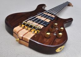 5 Strings Glossy Walnut Wood Electric Bass Guitar with Golden/Black Hardware,Can be Customised