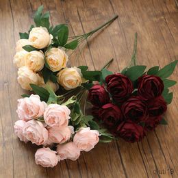 Dried Flowers 10 Head Burgundy Roses Bunch Artificial Flowers Western Rose Wedding Decoration Colour Peony Fake Flower Simulation Flower R230725