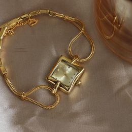 Women s Watches High Quality retro 24K gold plated quartz brass Watch Gold Bracelet Square Dial Gift Lovers Luxury Temperament 230725