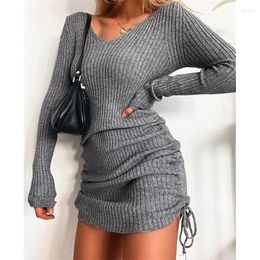 Casual Dresses 2023 Knitted Sweater V-neck Long Sleeve Autumn/Winter Sexy Slim Fit Thread Skirt Pleated Drawstring Bottom