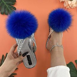 Slippers Hot 2022 Flip Flops Women Summer Cute Plush Fur Slides Sandals Ladies Real Fur Pompon Indoor Outdoor Flats Non-Slip Slippers L230725