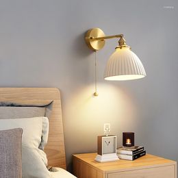 Wall Lamp Nordic LED Ceramic Japanese Bedroom Bedside Decor Lighting Fixture Cafe Aisle Balcony Pure Copper Pull Rope Light
