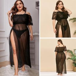 In Stock 4 Plus Size Women Underwear Sexy Mess Night Long Dress Nightgown Hollow out Nightdress Lingerie Lace Nightwear Transparen257M